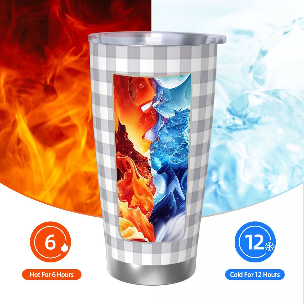 グレーと白のギンガムチェック柄ステンレス鋼タンブラー真空断熱 - Tumbler 20Oz White のレビューと価格